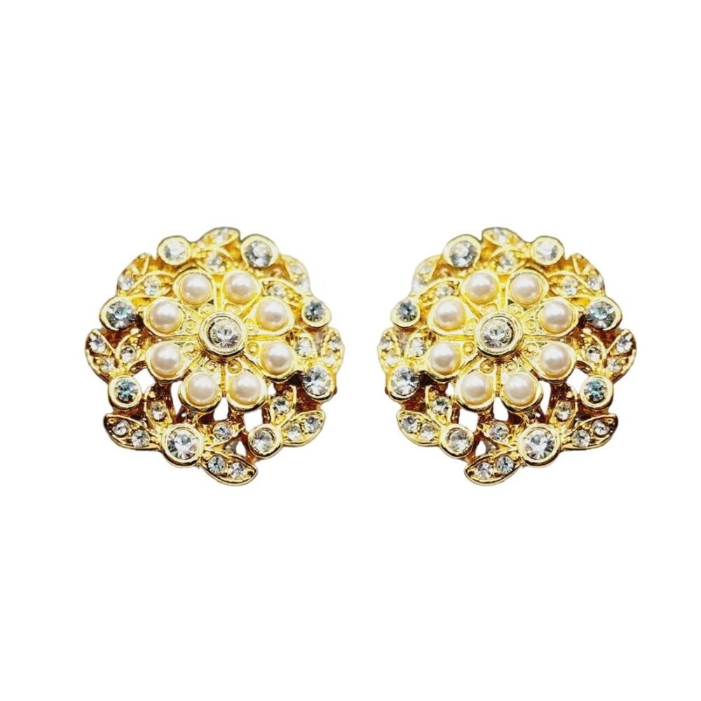 Vintage NOS 80s Pearl Rhinestone Earrings On Gemelli Card (A1302)